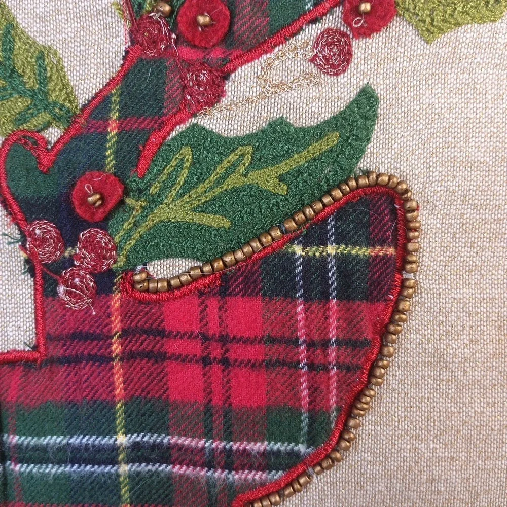 Pier 1 Imports Christmas Holiday Plaid and Beaded Reindeer Pillow 18